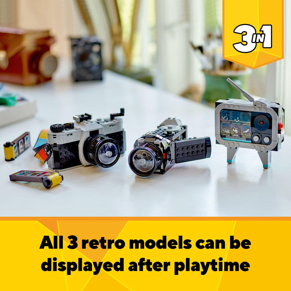 LEGO Creator 3-in-1 Retro Camera toy with strap, easy carry for kids.