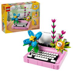 LEGO Creator 3in1 Typewriter with Flowers showcases colorful blooms beside the keyboard for imaginative play.