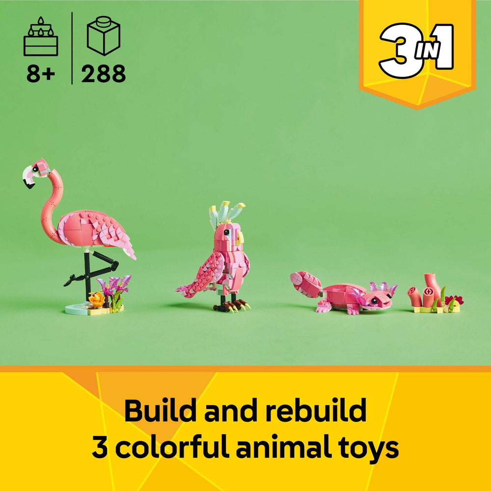LEGO pink cockatoo with rotating head ideal for dynamic pretend play.