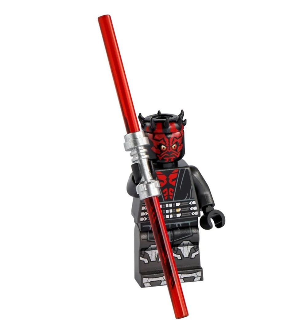 LEGO Darth Maul dual lightsabers display ready for action play.