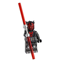 LEGO Darth Maul dual lightsabers display ready for action play.