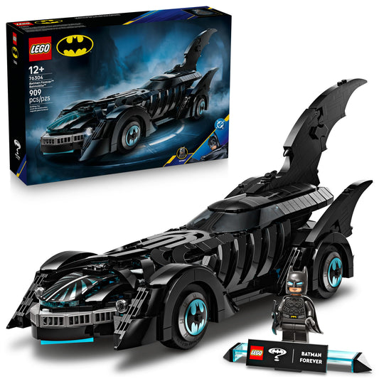 LEGO DC Batman Batmobile exterior front view showcases the iconic finned design for display.