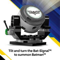 Tilting Bat-Signal on the LEGO Batman Tumbler enhances dramatic signaling.