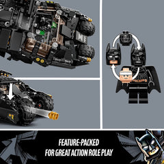 LEGO DC Batman Batmobile Tumbler battle scene display for fans and collectors.