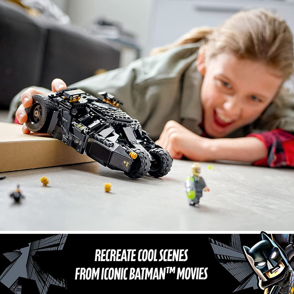 LEGO DC Batman Batmobile Tumbler roof open reveals cockpit access for minifigures.