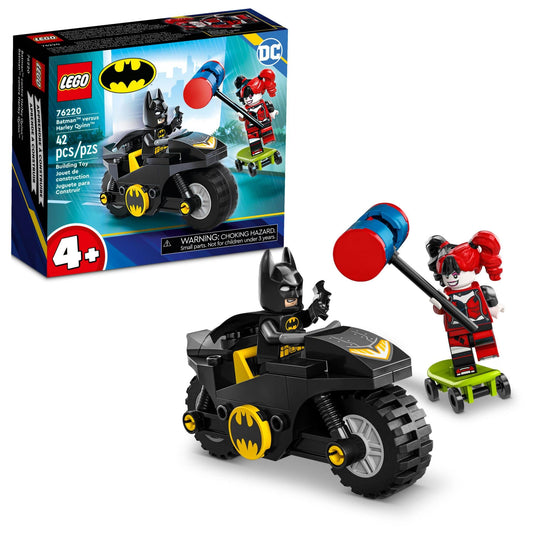 LEGO DC Batman Versus Harley Quinn 76220 batcycle image shows Batman on a Batcycle for action-packed play