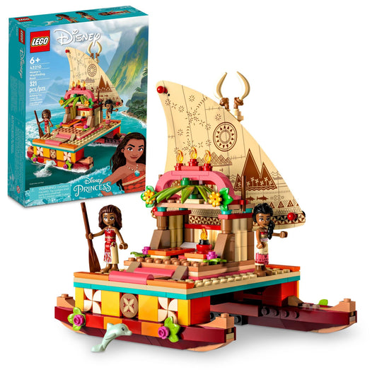 LEGO Disney Moana Wayfinding Boat catamaran with Moana and Sina for imaginative play.