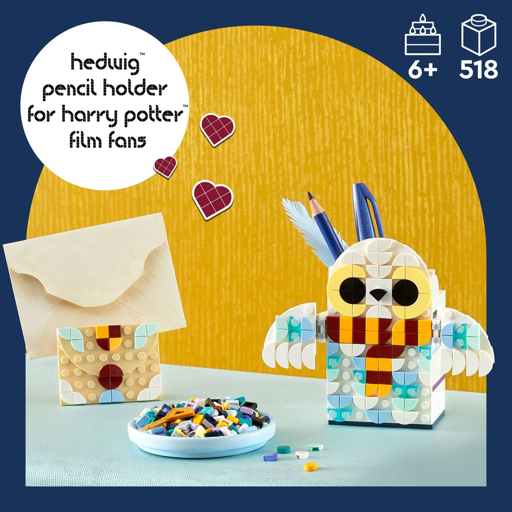 LEGO DOTS Hedwig pencil holder wings open adds whimsical storage and display.