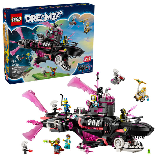 LEGO DREAMZzz Nightmare Shark Submarine front view highlights stealth hull for creative adventures.