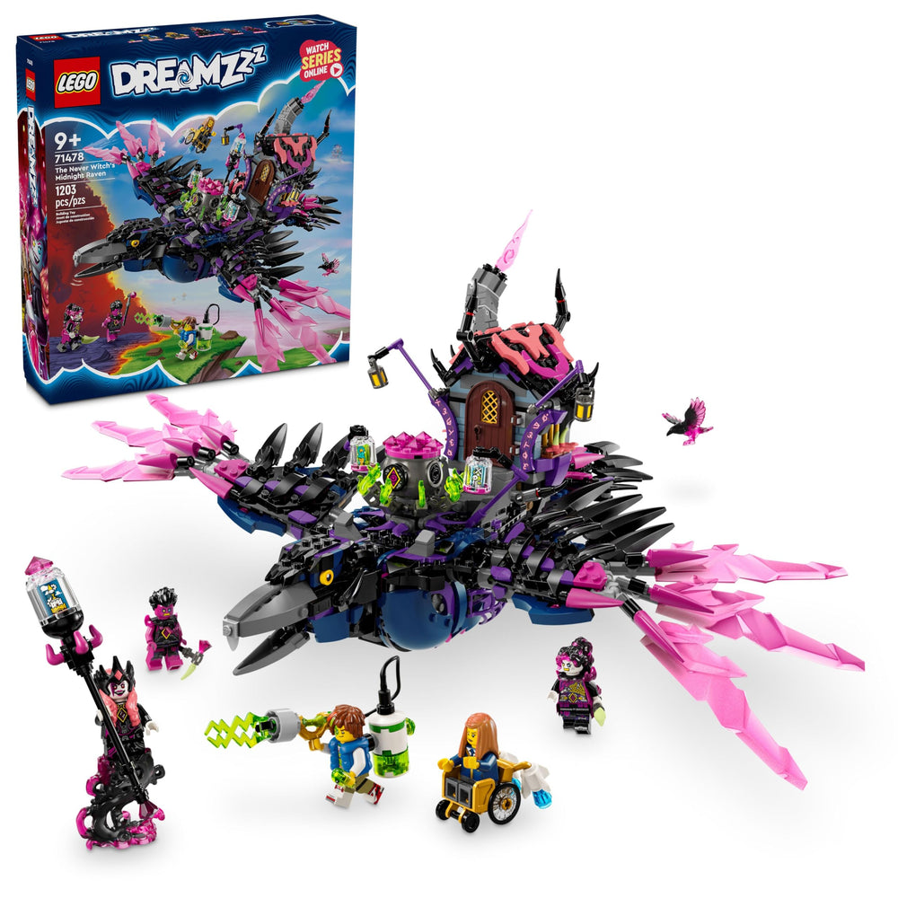 LEGO DREAMZzz Midnight Raven building set with posable wings for imaginative play.
