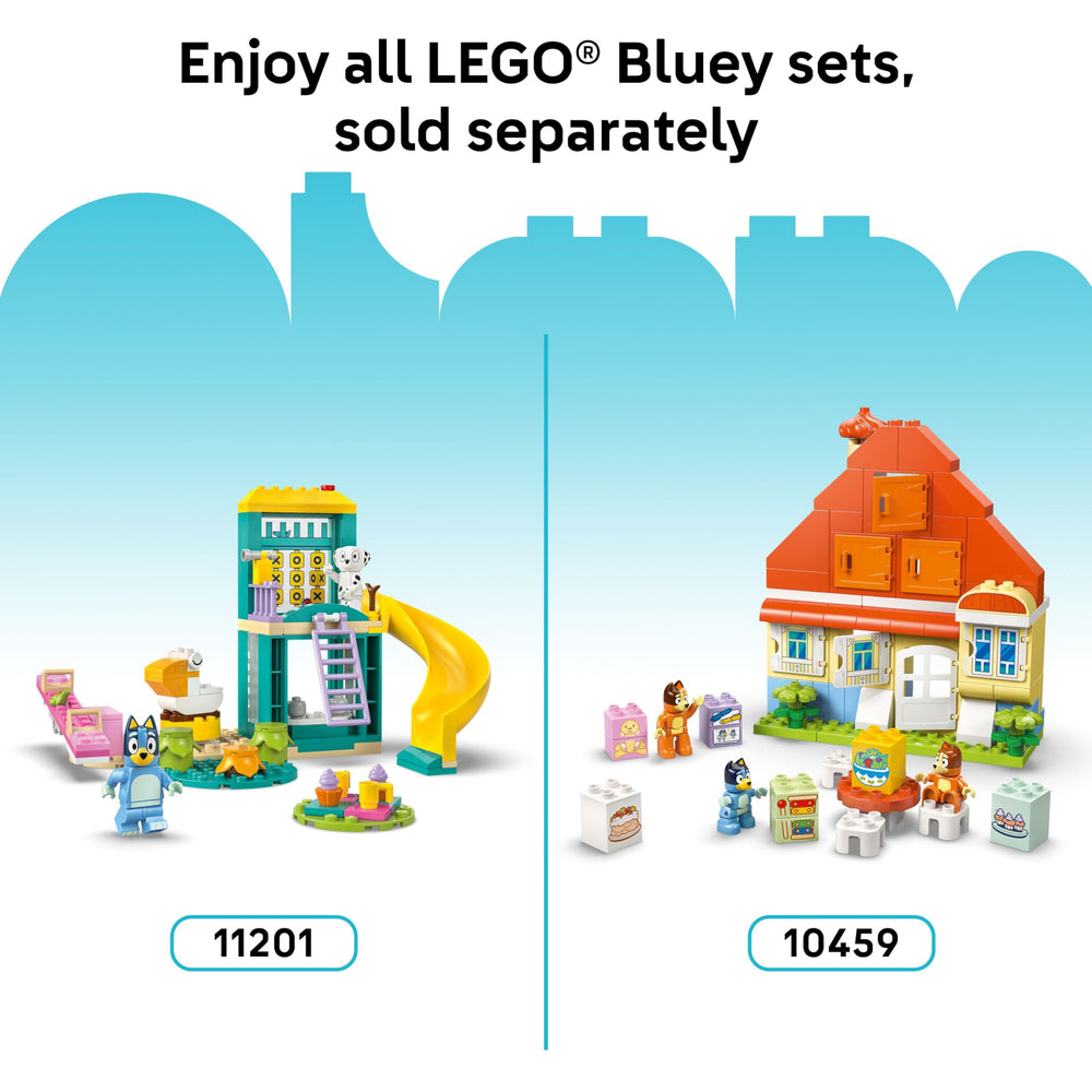LEGO DUPLO Bluey menu and credit card image inviting interactive checkout play and early math exposure.