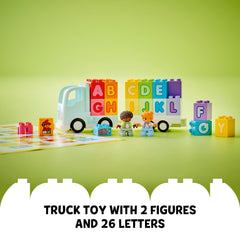 Two LEGO DUPLO figures on the Alphabet Truck loading bricks encourages imaginative role-play