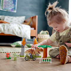 LEGO DUPLO Owen Grady with motorcycle supports rescue role-play.
