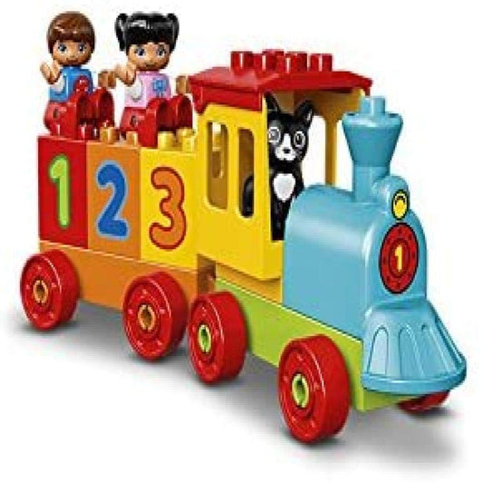 LEGO DUPLO Number Train locomotive on track promotes early counting and motor skills.
