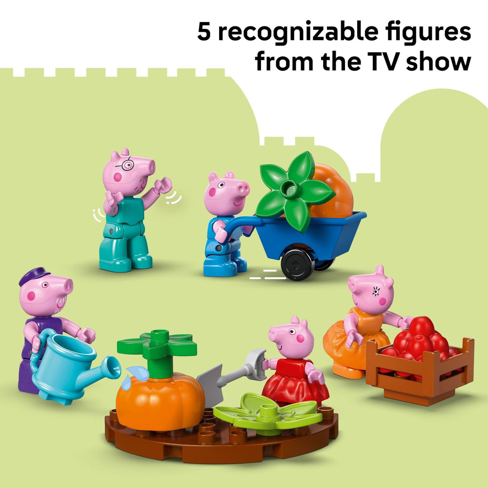 Five LEGO DUPLO characters: Peppa, George, Mummy Pig, Daddy Pig, and Grandpa Pig inspire family adventures.