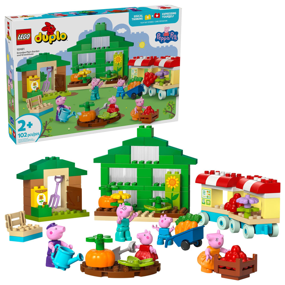 LEGO DUPLO Peppa Pig garden scene invites imaginative outdoor play with Grandpa Pig's greenhouse.