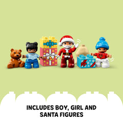 LEGO DUPLO Santa’s Gingerbread House snowy exterior creates festive winter scenes for toddlers.