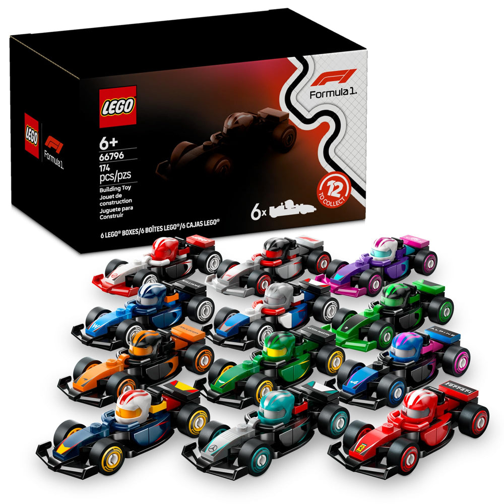 LEGO F1 Collectible Race Cars 6-Pack box-front with vivid team colors for imaginative play.