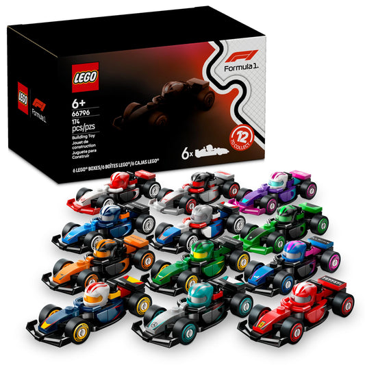LEGO F1 Collectible Race Cars 6-Pack box-front with vivid team colors for imaginative play.