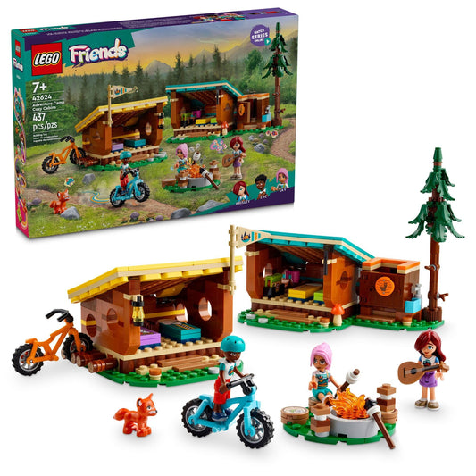 LEGO Friends Cozy Cabins shelter front view for imaginative camping adventures.