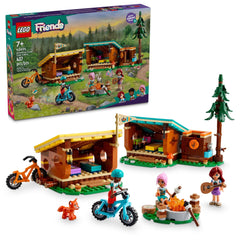 LEGO Friends Cozy Cabins shelter front view for imaginative camping adventures.