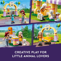 LEGO Friends animal figures including pig, cat, hamster, hedgehog, and dog.