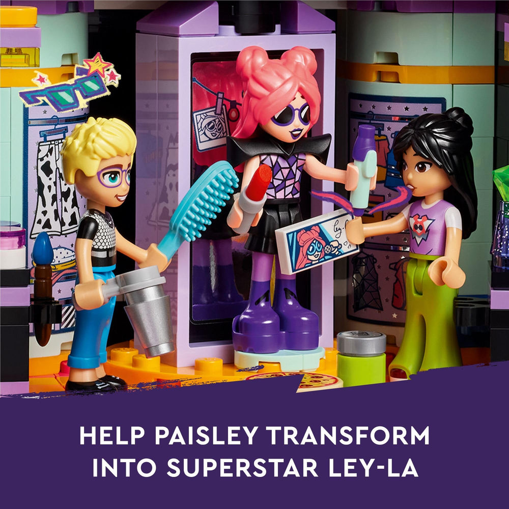 LEGO Friends Pop Star Music Tour Bus interior reveals backstage zone and gear.