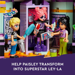 LEGO Friends Pop Star Music Tour Bus interior reveals backstage zone and gear.