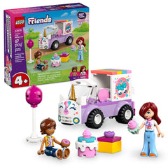 LEGO Friends front view of unicorn cake delivery car showing colorful design and play value