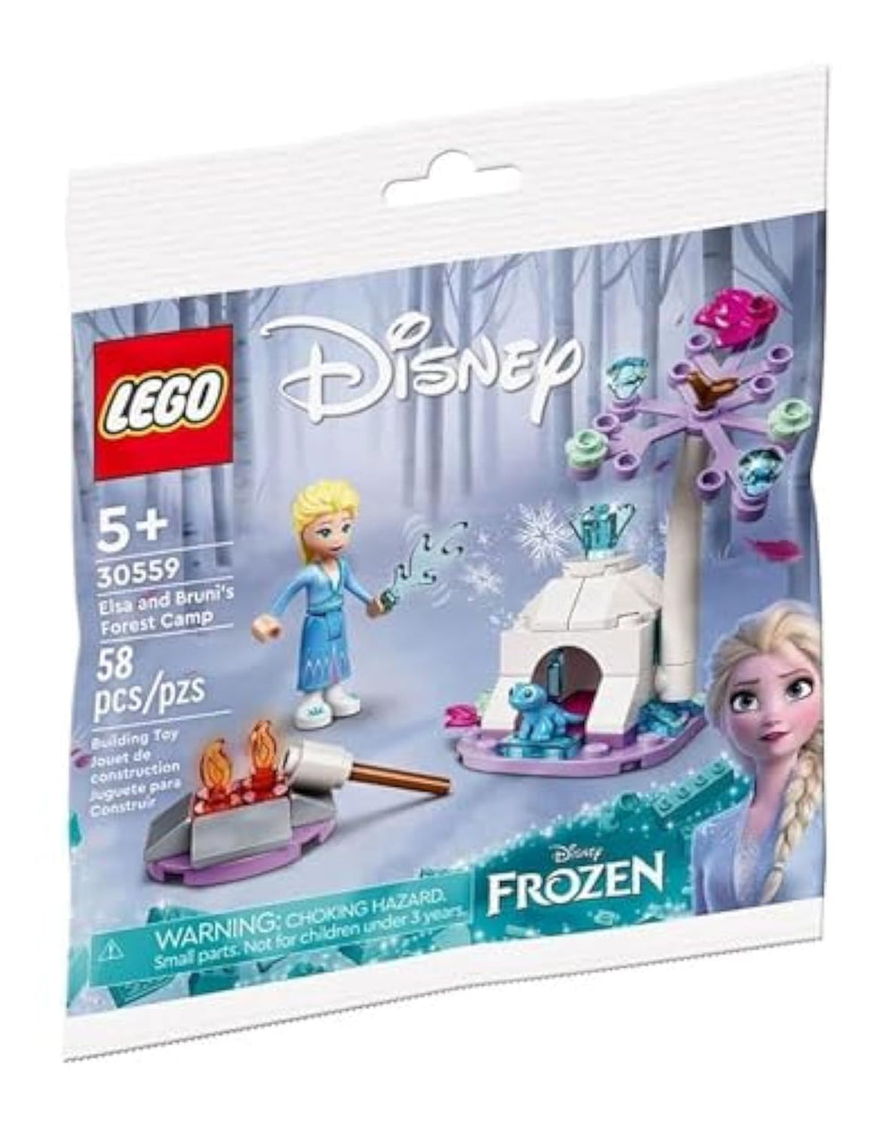 LEGO Frozen Elsa figurine with Bruni in forest camp for imaginative play.