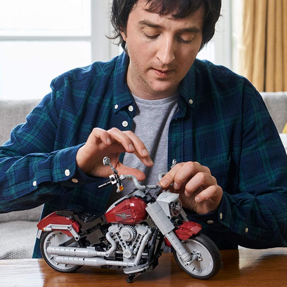 LEGO Harley-Davidson Fat Boy display stand provides stable showcase for the model.