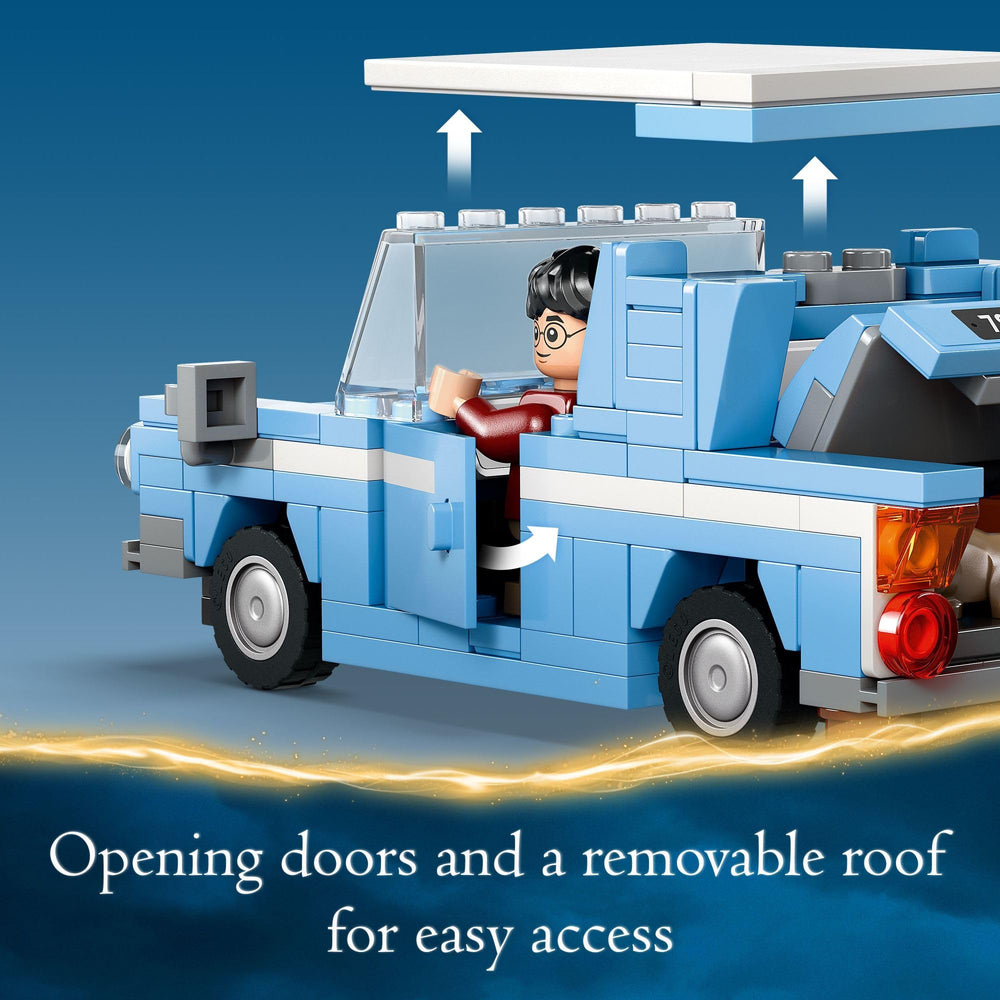 LEGO Harry Potter Flying Ford Anglia minifigures Harry and Ron plus Hedwig for immersive play.