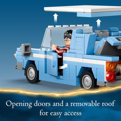 LEGO Harry Potter Flying Ford Anglia minifigures Harry and Ron plus Hedwig for immersive play.
