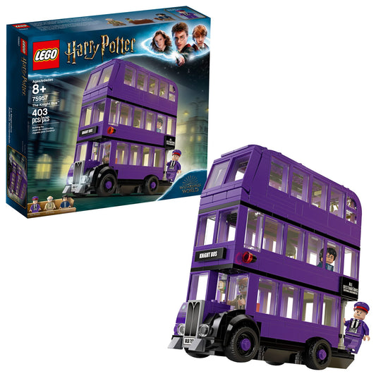 LEGO Knight Bus front view showing the purple three-level design for imaginative trips.