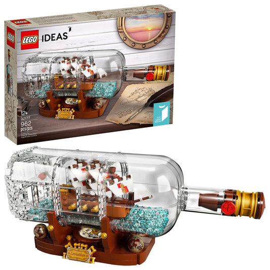LEGO Ideas Ship in a Bottle bottle and cork close-up for a refined display piece.