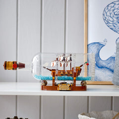 LEGO Ideas Ship in a Bottle display stand with nameplate boosts shelf presence.