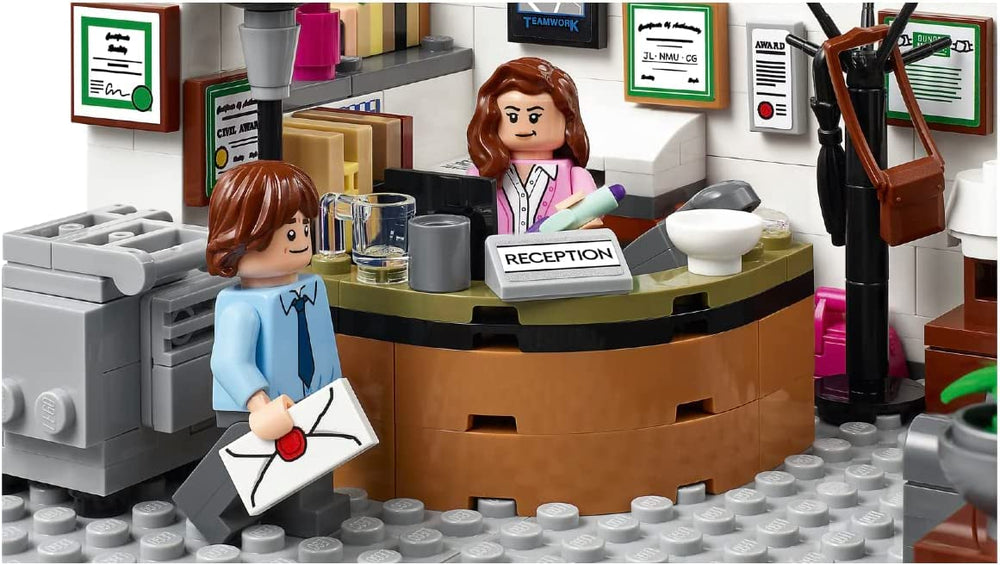 LEGO Ideas The Office 21336 desk islands display for fans and playful setups.