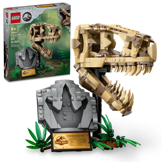 LEGO Jurassic World T. rex skull on display stand for home display