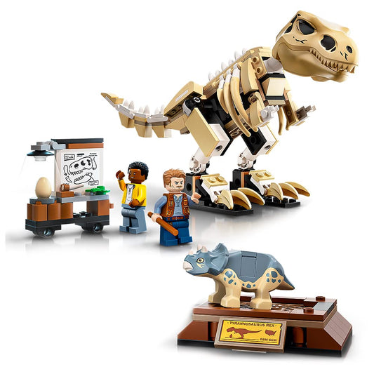 LEGO Jurassic World T. rex skeleton display for at-home museum-style play