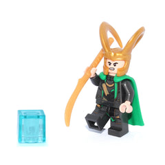 lego loki minifigure detailed costume print with gold staff.