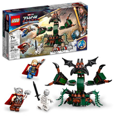 LEGO Marvel Attack on New Asgard Thor 76207 with hammer and Stormbreaker for imaginative play.