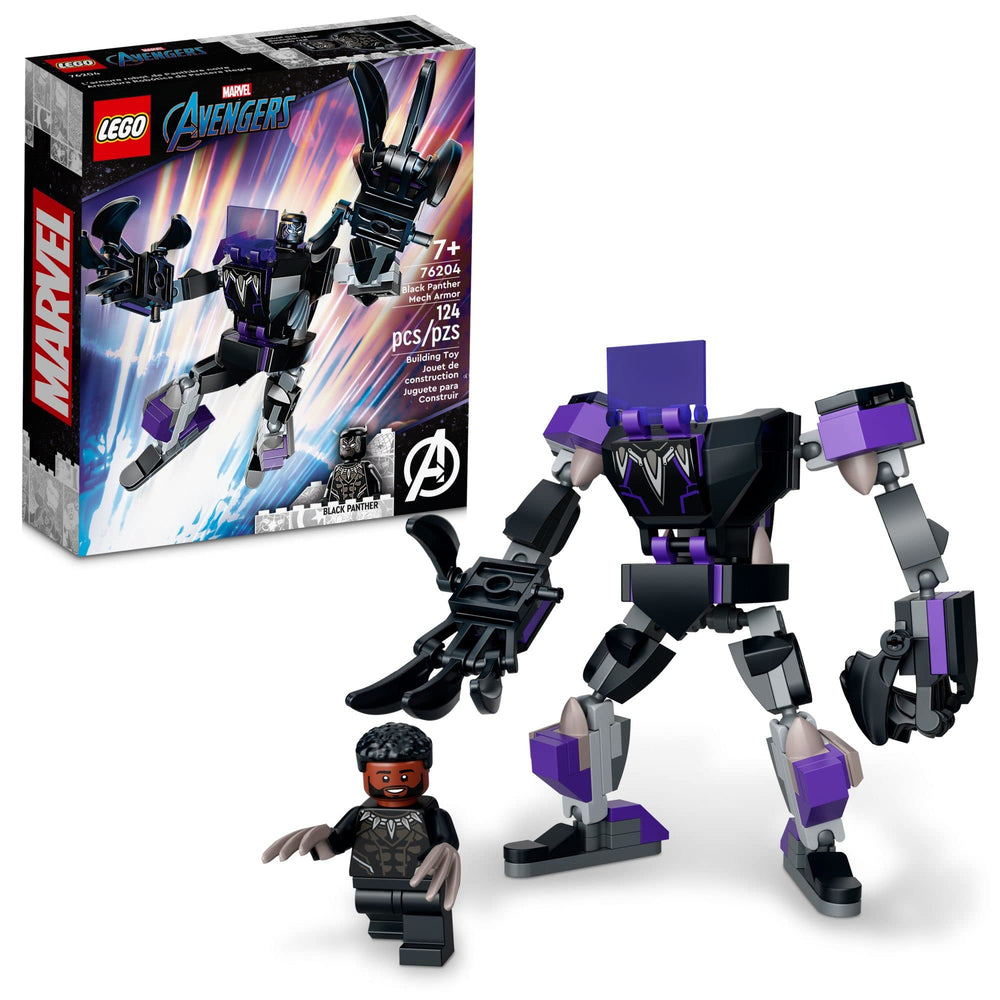 LEGO Marvel Black Panther Mech Armor front view showcases a posable battle-ready figure for play and display