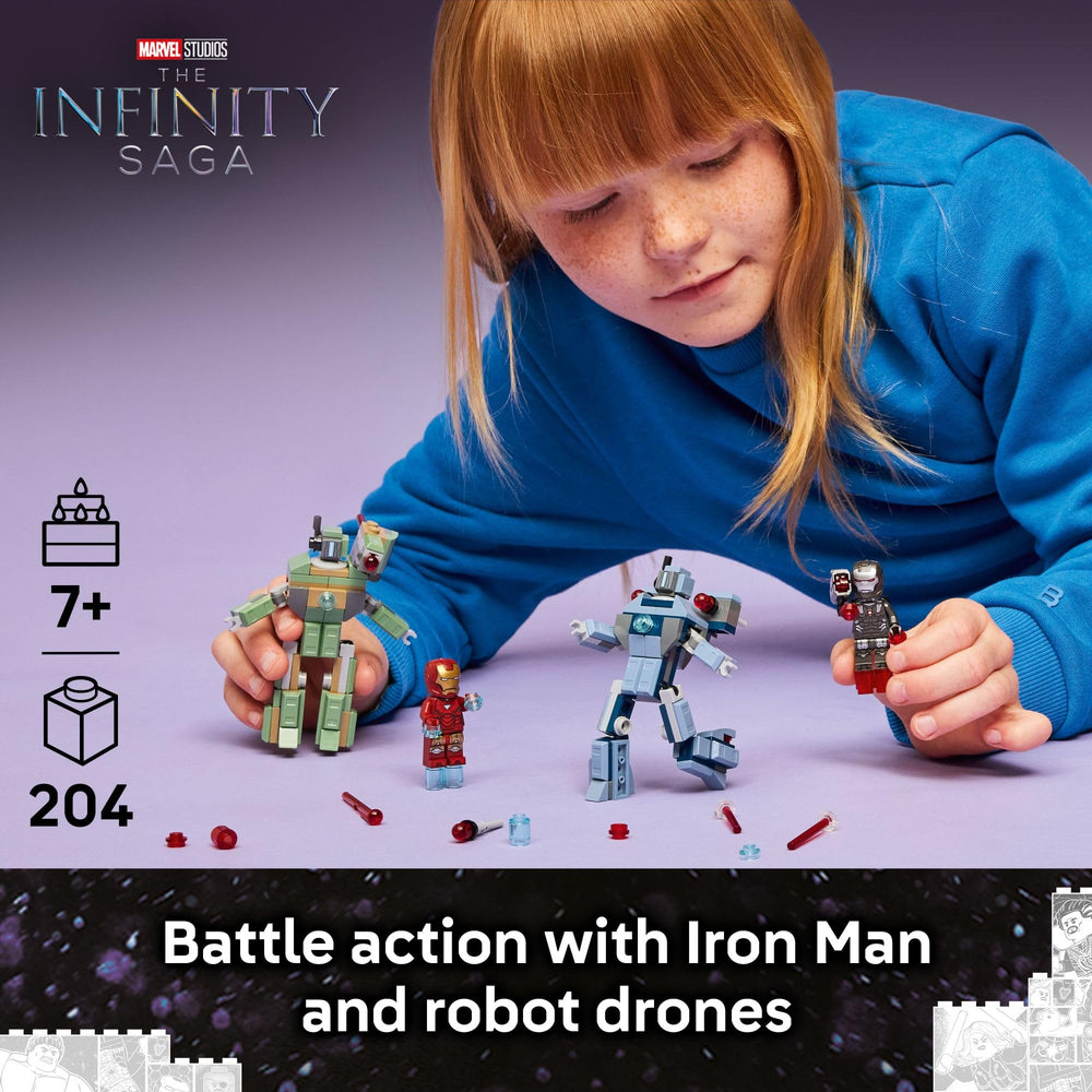 LEGO Marvel Iron Man minifigure wielding blue lasers in action for dynamic storytelling