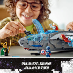 LEGO Marvel The Avengers Quinjet five minifigures lineup with iconic heroes