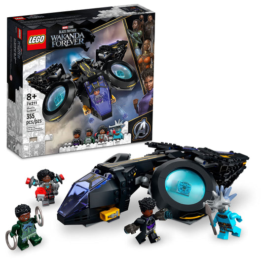 LEGO Marvel Shuri's Sunbird plane front view with minifigures for imaginative play