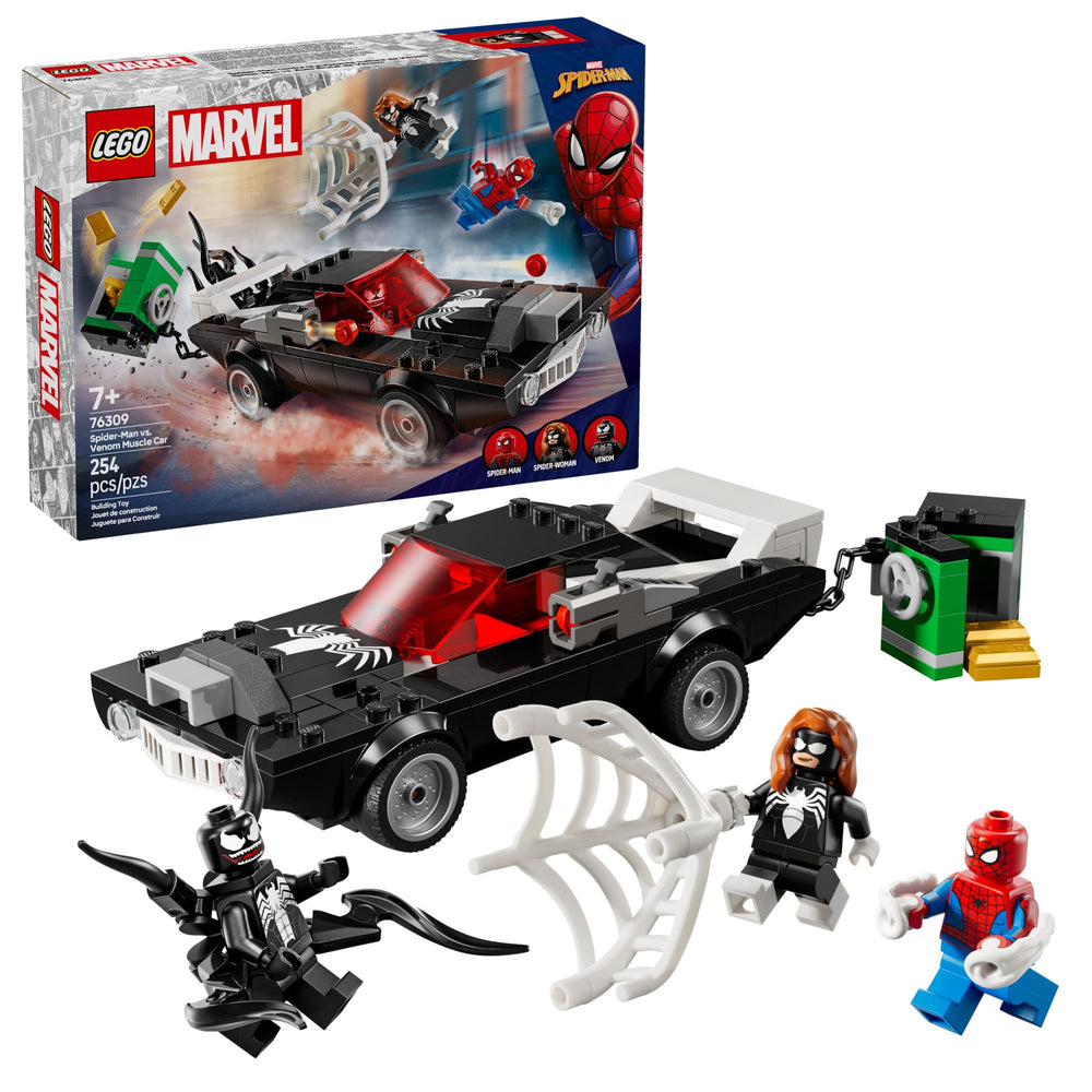 LEGO Marvel Spider-Man vs Venom Muscle Car front view for dynamic hero play.