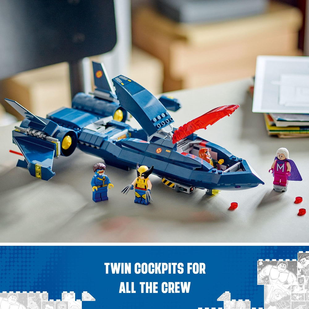 LEGO Marvel X-Men X-Jet underwing spring shooters enhance flight battles.