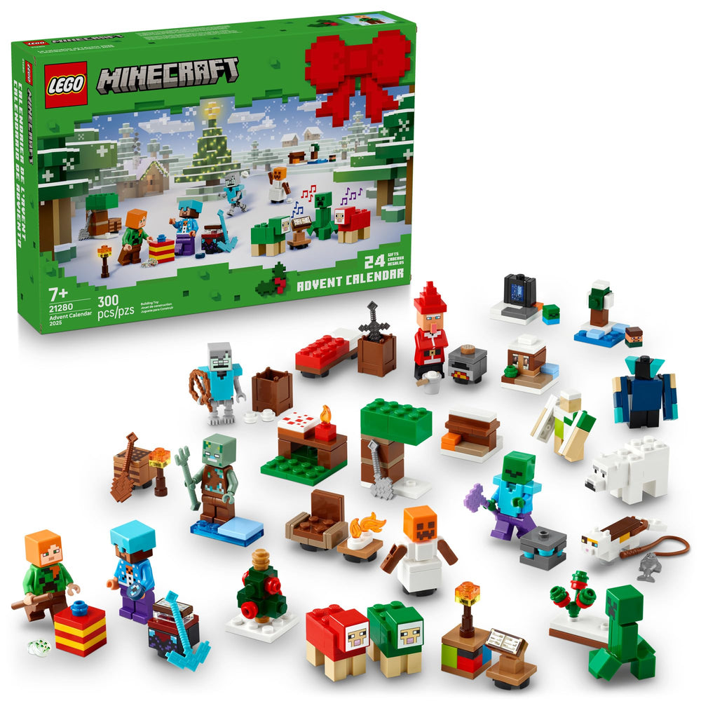 LEGO Minecraft Advent Calendar 2025 front view with minifigures for daily holiday fun