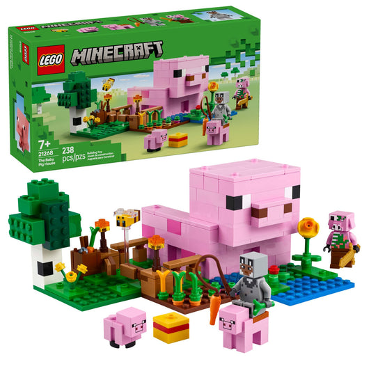 LEGO Minecraft Baby Pig House front view with figures for imaginative play