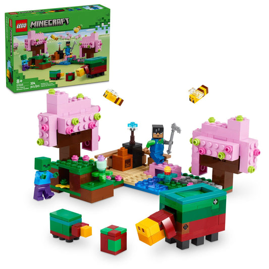 LEGO Minecraft Cherry Blossom Garden trees show colorful blossoms for imaginative play.